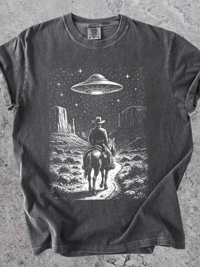 Vintage Black Graphic Cowboy & UFO Short Sleeve Tee